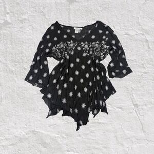 Coldwater Creek Top Women's L Black Embroidered Tunic Floral Dark Whimsigoth Y2K